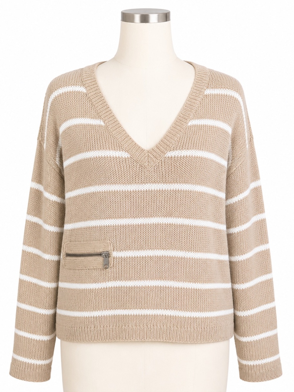 Oonagh by Nanette Lepore Beige and White Striped V-Neck Sweater
